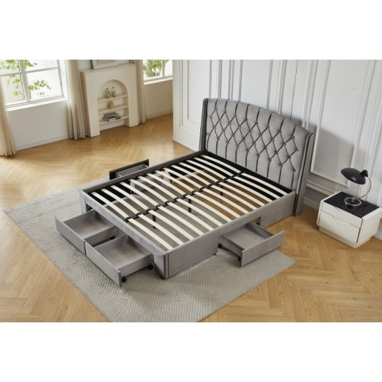 Διπλό Κρεβάτι Monaco Velvet 160x200c σε γκρι χρώμα με αποθηκευτικό χώρο