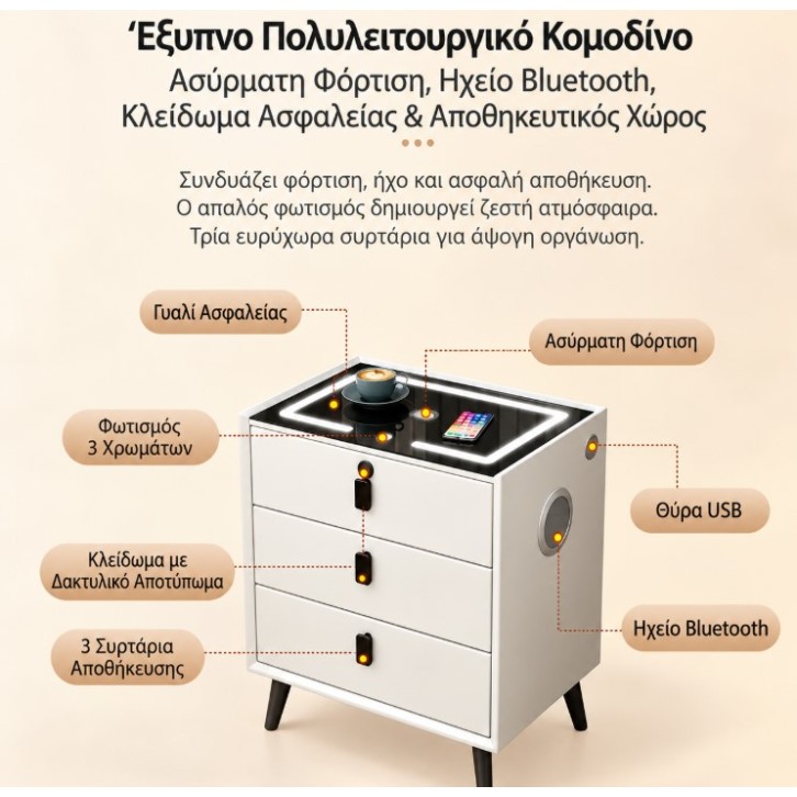 Έξυπνο Κομοδίνο με Ασύρματη Φόρτιση, Ηχείο Bluethooth & 3 Συρτάρια Μαύρο 50x40x60cm A3-BLACK