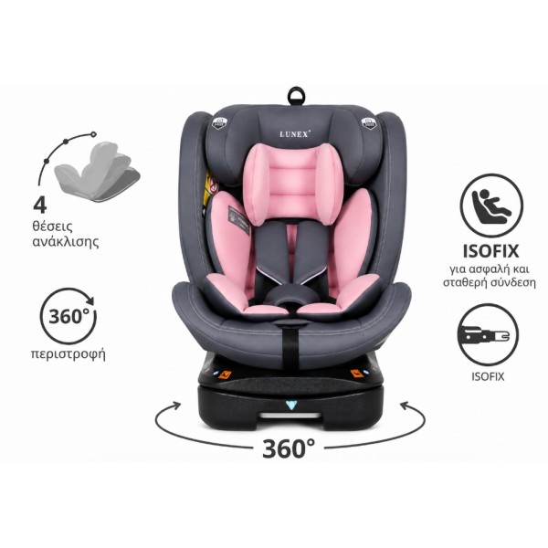 Καθισματάκι αυτοκινήτου Lunex με isofix για βάρος 0 έως 36kg περιστρεφόμενο 360 μοίρες σε Γκρι ροζ