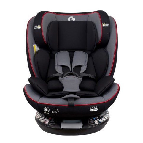 Καθισματάκι αυτοκινήτου G με isofix για βάρος 0 έως 36kg περιστρεφόμενο 360 μοίρες σε μαύρο γκρι με κόκκινες λεπτομέρειες