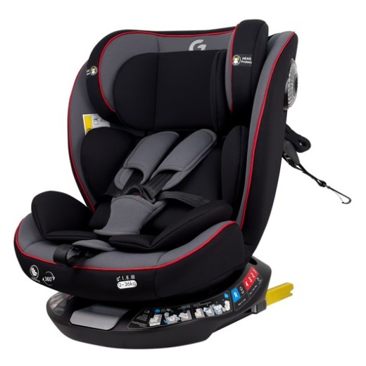 Καθισματάκι αυτοκινήτου G με isofix για βάρος 0 έως 36kg περιστρεφόμενο 360 μοίρες σε μαύρο γκρι με κόκκινες λεπτομέρειες