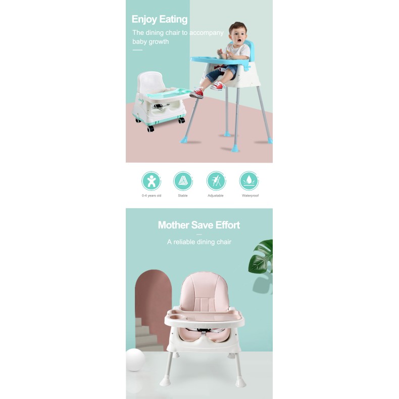 3 σε 1 παιδικό καρεκλάκι φαγητού δερματίνης ηλικίας 0 έως 4 ετών με διπλό τραπεζάκι σε ροζ