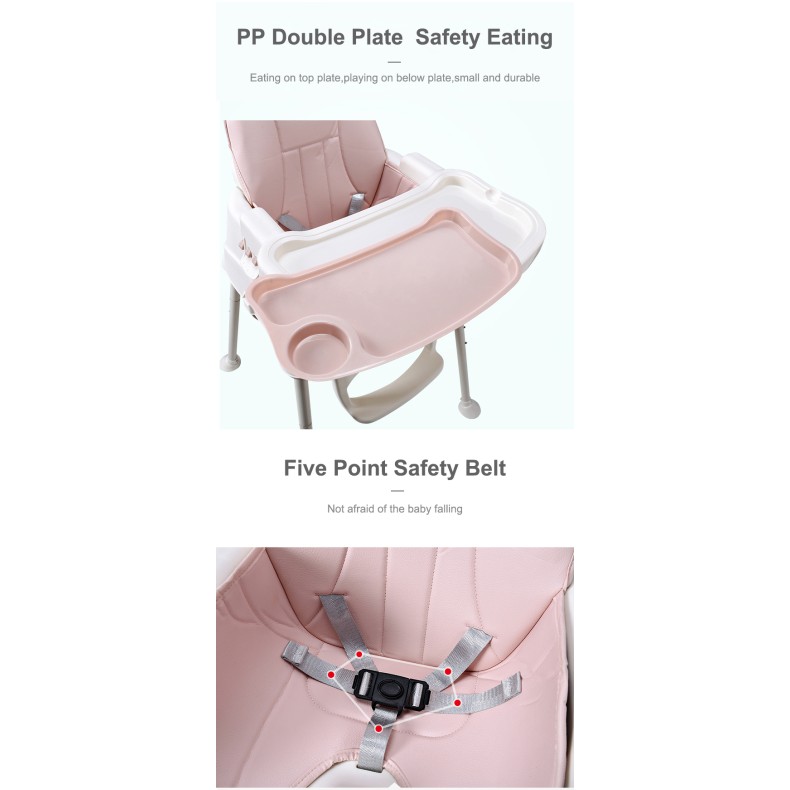 3 σε 1 παιδικό καρεκλάκι φαγητού δερματίνης ηλικίας 0 έως 4 ετών με διπλό τραπεζάκι σε ροζ