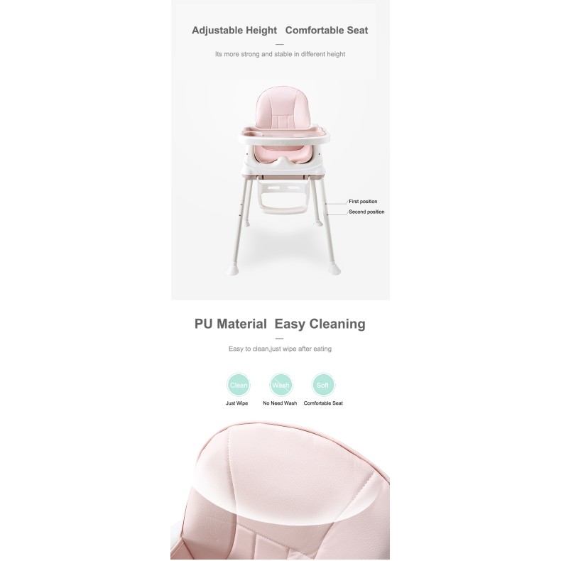 3 σε 1 παιδικό καρεκλάκι φαγητού δερματίνης ηλικίας 0 έως 4 ετών με διπλό τραπεζάκι σε ροζ