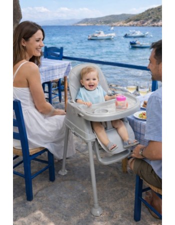 Καρεκλάκι φαγητού Moon 3 σε 1 με μεταλλικό σκελετό και πλαστικό κάθισμα με δερματίνη απο 6 μηνών έως 15 κιλά σε ανοιχτό γκρι χρώμα