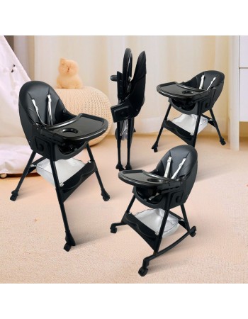Καρεκλάκι φαγητού Bebe 4 σε 1 με ανάκληση και δυνατότητα κούνιας απο 6 μηνών έως 15 κιλά σε μαύρο χρώμα με μαύρα πόδια
