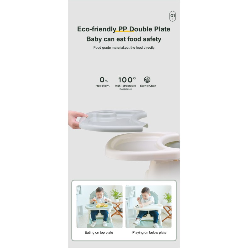 2 σε 1 παιδικό καρεκλάκι φαγητού δερματίνης ηλικίας 6 έως 36 μηνών με διπλό τραπεζάκι σε πράσινο