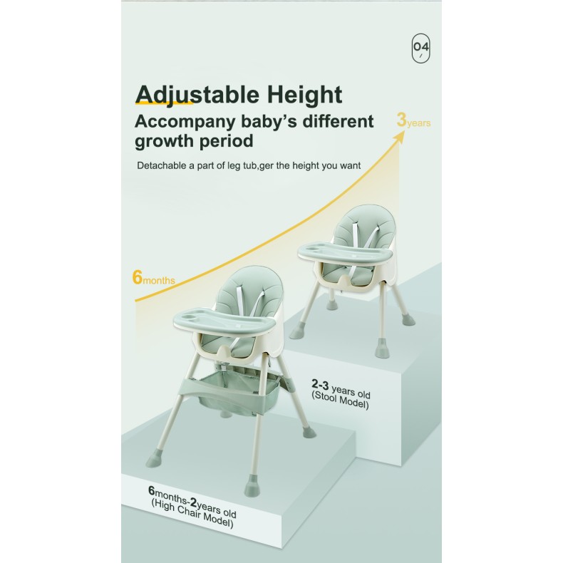 2 σε 1 παιδικό καρεκλάκι φαγητού δερματίνης ηλικίας 6 έως 36 μηνών με διπλό τραπεζάκι σε πράσινο