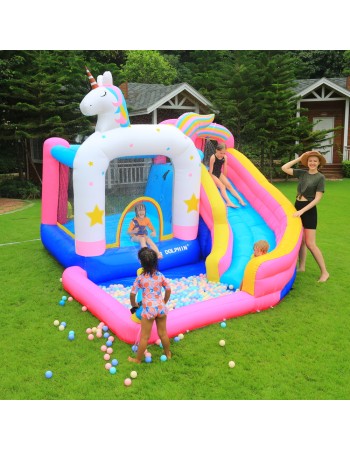 Φουσκωτό Τραμπολίνο Μονόκερος με νεροτσουλήθρα μπασκέτα πισίνα και αναρρίχηση