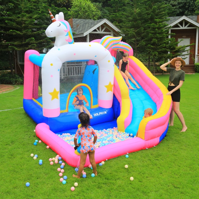 Φουσκωτό Τραμπολίνο Μονόκερος με νεροτσουλήθρα μπασκέτα πισίνα και αναρρίχηση