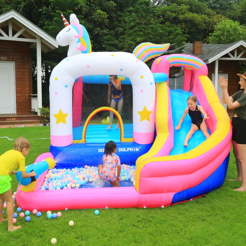 Φουσκωτό Τραμπολίνο Μονόκερος με νεροτσουλήθρα μπασκέτα πισίνα και αναρρίχηση