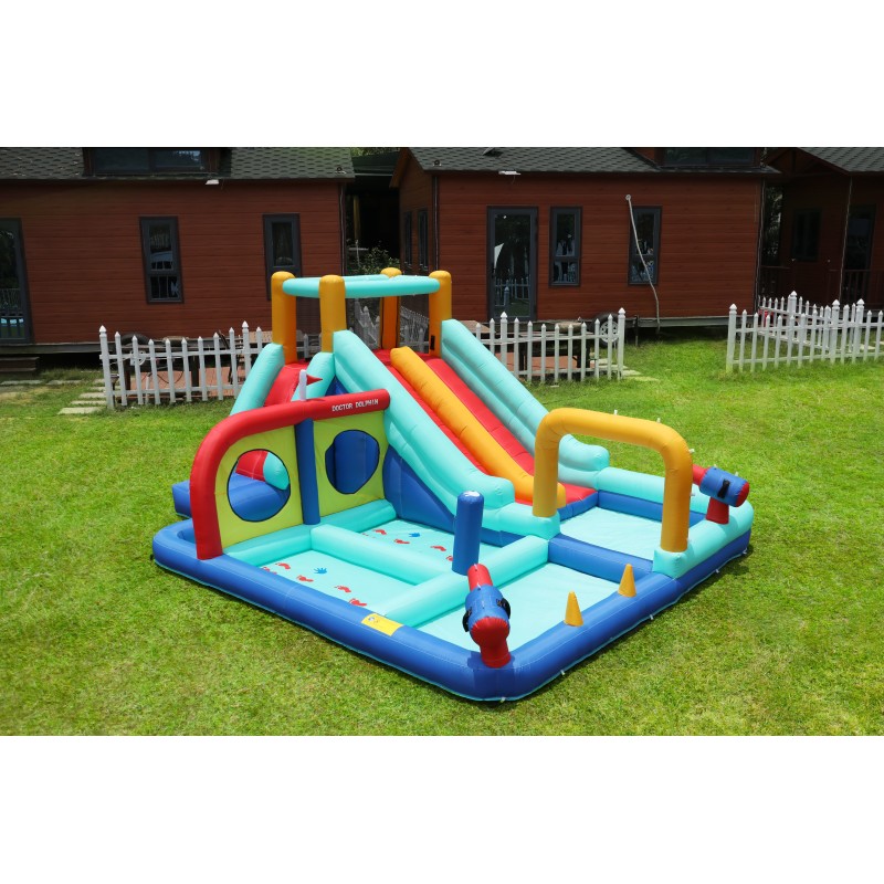 Doctor Dolphin Φουσκωτό Τραμπολίνο με διπλή τσουλήθρα αναρρίχηση νεροπίστολα στεφάνια και κρίκους