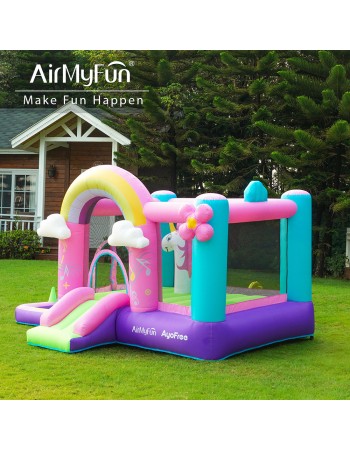 AirMyFun Φουσκωτό Τραμπολίνο Μονόκερος Ουράνιο τόξο με τσουλήθρα κρίκους και μπαλοπισίνα
