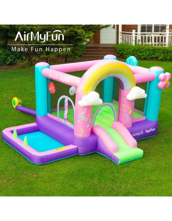 AirMyFun Φουσκωτό Τραμπολίνο Μονόκερος Ουράνιο τόξο με τσουλήθρα κρίκους και μπαλοπισίνα