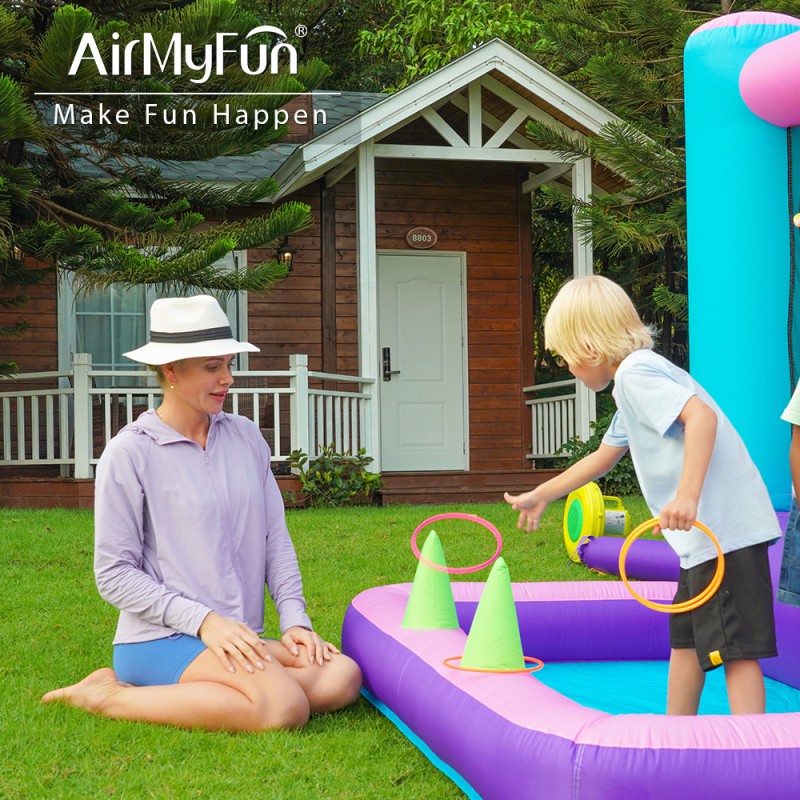 AirMyFun Φουσκωτό Τραμπολίνο Μονόκερος Ουράνιο τόξο με τσουλήθρα κρίκους και μπαλοπισίνα