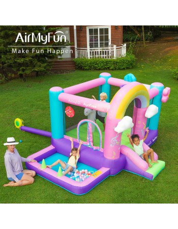 AirMyFun Φουσκωτό Τραμπολίνο Μονόκερος Ουράνιο τόξο με τσουλήθρα κρίκους και μπαλοπισίνα