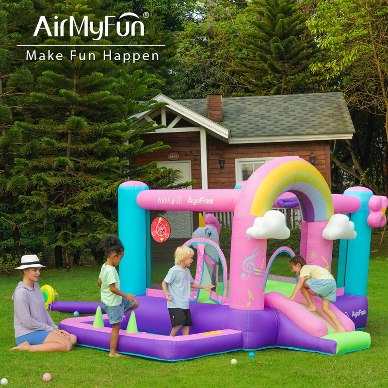 AirMyFun Φουσκωτό Τραμπολίνο Μονόκερος Ουράνιο τόξο με τσουλήθρα κρίκους και μπαλοπισίνα