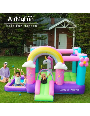 AirMyFun Φουσκωτό Τραμπολίνο Μονόκερος Ουράνιο τόξο με τσουλήθρα κρίκους και μπαλοπισίνα