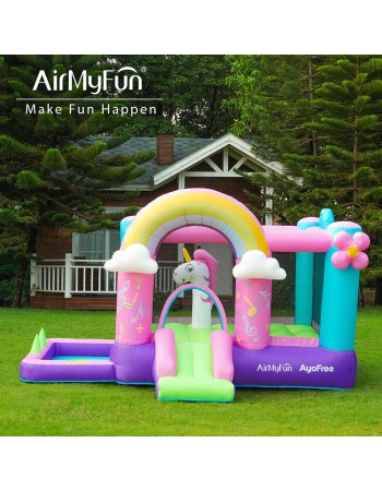 AirMyFun Φουσκωτό Τραμπολίνο Μονόκερος Ουράνιο τόξο με τσουλήθρα κρίκους και μπαλοπισίνα