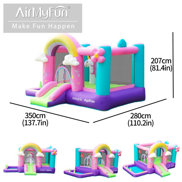 AirMyFun Φουσκωτό Τραμπολίνο Μονόκερος Ουράνιο τόξο με τσουλήθρα κρίκους και μπαλοπισίνα