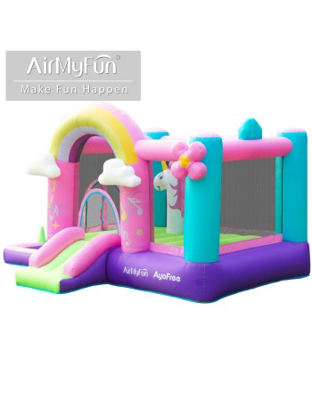 AirMyFun Φουσκωτό Τραμπολίνο Μονόκερος Ουράνιο τόξο με τσουλήθρα κρίκους και μπαλοπισίνα