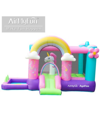 AirMyFun Φουσκωτό Τραμπολίνο Μονόκερος Ουράνιο τόξο με τσουλήθρα κρίκους και μπαλοπισίνα