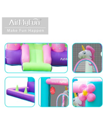 AirMyFun Φουσκωτό Τραμπολίνο Μονόκερος Ουράνιο τόξο με τσουλήθρα κρίκους και μπαλοπισίνα