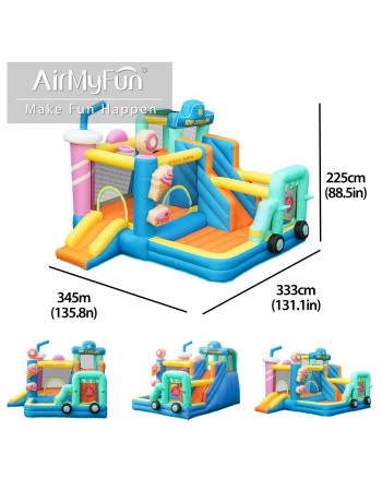 AirMyFun Φουσκωτό Τραμπολίνο Παγωτατζίδικο με δύο τσουλήθρες αναρρίχηση μπασκέτα και στόχο