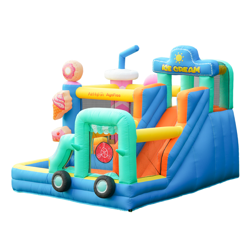 AirMyFun Φουσκωτό Τραμπολίνο Παγωτατζίδικο με δύο τσουλήθρες αναρρίχηση μπασκέτα και στόχο