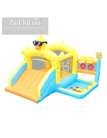 AirMyFun Φουσκωτό Τραμπολίνο Παπάκι με μεγάλη τσουλήθρα δύο μπασκέτες δύο στόχους και κρίκους