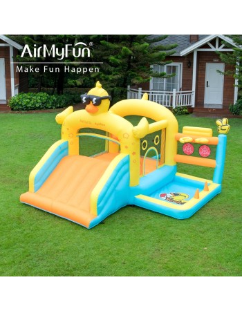 AirMyFun Φουσκωτό Τραμπολίνο Παπάκι με μεγάλη τσουλήθρα δύο μπασκέτες δύο στόχους και κρίκους