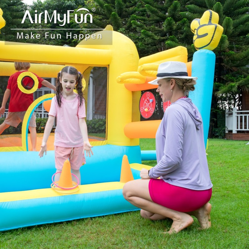AirMyFun Φουσκωτό Τραμπολίνο Παπάκι με μεγάλη τσουλήθρα δύο μπασκέτες δύο στόχους και κρίκους