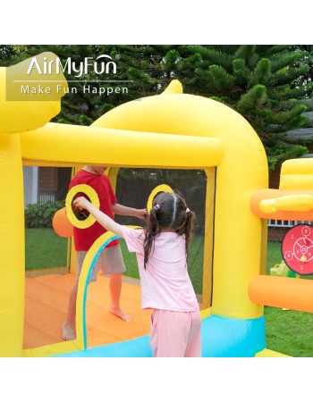 AirMyFun Φουσκωτό Τραμπολίνο Παπάκι με μεγάλη τσουλήθρα δύο μπασκέτες δύο στόχους και κρίκους