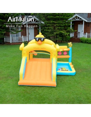 AirMyFun Φουσκωτό Τραμπολίνο Παπάκι με μεγάλη τσουλήθρα δύο μπασκέτες δύο στόχους και κρίκους