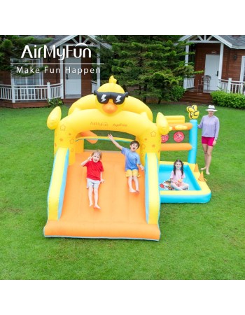 AirMyFun Φουσκωτό Τραμπολίνο Παπάκι με μεγάλη τσουλήθρα δύο μπασκέτες δύο στόχους και κρίκους