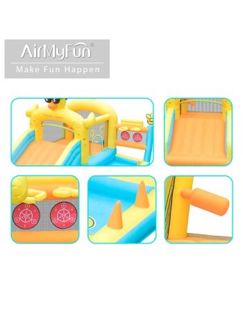 AirMyFun Φουσκωτό Τραμπολίνο Παπάκι με μεγάλη τσουλήθρα δύο μπασκέτες δύο στόχους και κρίκους