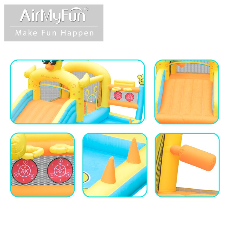 AirMyFun Φουσκωτό Τραμπολίνο Παπάκι με μεγάλη τσουλήθρα δύο μπασκέτες δύο στόχους και κρίκους