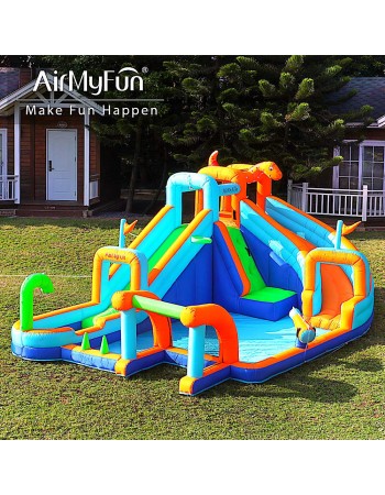 AirMyFun Φουσκωτό Τραμπολίνο με δύο νεροτσουλήθρες αναρρ΄΄ιχηση πισίνα νεροπίστολο τέρμα και μπασκέτα