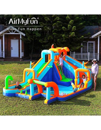 AirMyFun Φουσκωτό Τραμπολίνο με δύο νεροτσουλήθρες αναρρ΄΄ιχηση πισίνα νεροπίστολο τέρμα και μπασκέτα