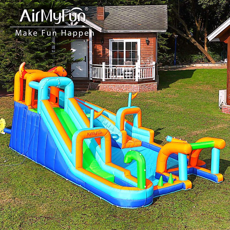 AirMyFun Φουσκωτό Τραμπολίνο με δύο νεροτσουλήθρες αναρρ΄΄ιχηση πισίνα νεροπίστολο τέρμα και μπασκέτα