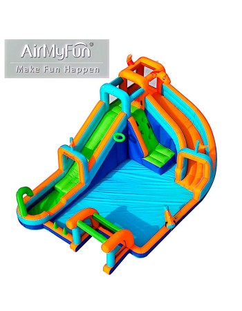 AirMyFun Φουσκωτό Τραμπολίνο με δύο νεροτσουλήθρες αναρρ΄΄ιχηση πισίνα νεροπίστολο τέρμα και μπασκέτα