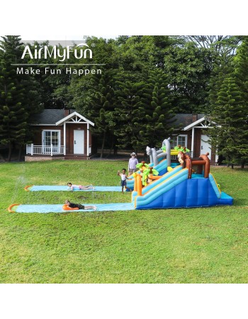 AirMyFun Φουσκωτό Τραμπολίνο Ζούγκλα με δύο τσουλήθρες με ύφασμα ολίσθησης  νεροπίστολο κρίκους εμπόδια σάκο του μποξ αναρρίχηση και μπασκέτα