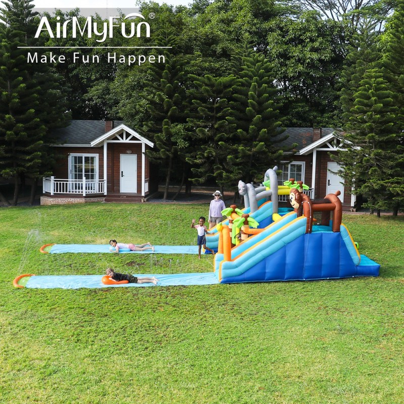 AirMyFun Φουσκωτό Τραμπολίνο Ζούγκλα με δύο τσουλήθρες με ύφασμα ολίσθησης  νεροπίστολο κρίκους εμπόδια σάκο του μποξ αναρρίχηση και μπασκέτα