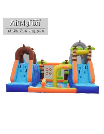 AirMyFun Φουσκωτό Τραμπολίνο Ζούγκλα με δύο τσουλήθρες με ύφασμα ολίσθησης  νεροπίστολο κρίκους εμπόδια σάκο του μποξ αναρρίχηση και μπασκέτα