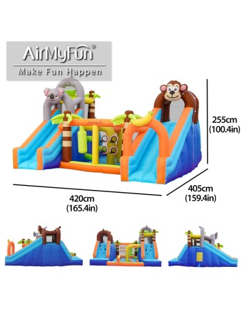 AirMyFun Φουσκωτό Τραμπολίνο Ζούγκλα με δύο τσουλήθρες με ύφασμα ολίσθησης  νεροπίστολο κρίκους εμπόδια σάκο του μποξ αναρρίχηση και μπασκέτα