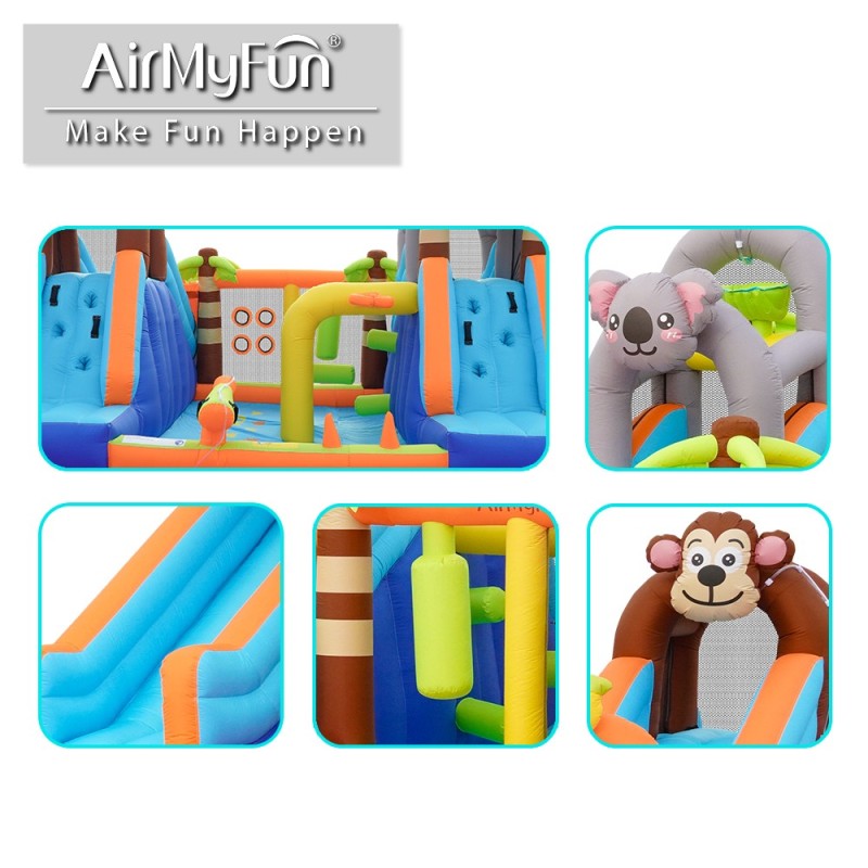 AirMyFun Φουσκωτό Τραμπολίνο Ζούγκλα με δύο τσουλήθρες με ύφασμα ολίσθησης  νεροπίστολο κρίκους εμπόδια σάκο του μποξ αναρρίχηση και μπασκέτα