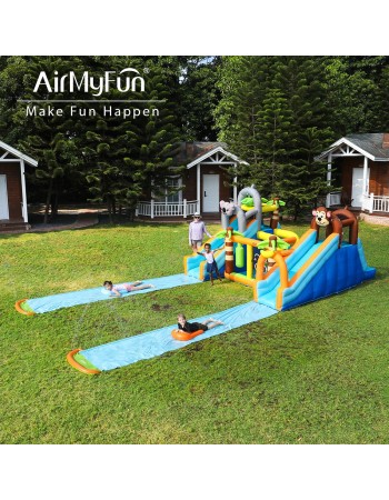 AirMyFun Φουσκωτό Τραμπολίνο Ζούγκλα με δύο τσουλήθρες με ύφασμα ολίσθησης  νεροπίστολο κρίκους εμπόδια σάκο του μποξ αναρρίχηση και μπασκέτα