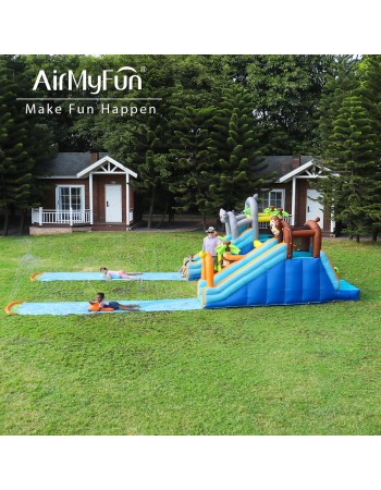 AirMyFun Φουσκωτό Τραμπολίνο Ζούγκλα με δύο τσουλήθρες με ύφασμα ολίσθησης  νεροπίστολο κρίκους εμπόδια σάκο του μποξ αναρρίχηση και μπασκέτα