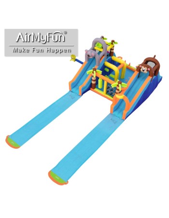 AirMyFun Φουσκωτό Τραμπολίνο Ζούγκλα με δύο τσουλήθρες με ύφασμα ολίσθησης  νεροπίστολο κρίκους εμπόδια σάκο του μποξ αναρρίχηση και μπασκέτα