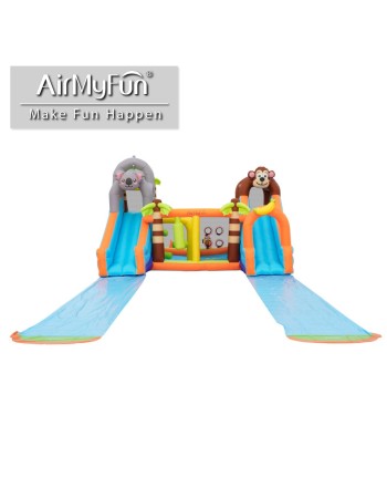 AirMyFun Φουσκωτό Τραμπολίνο Ζούγκλα με δύο τσουλήθρες με ύφασμα ολίσθησης  νεροπίστολο κρίκους εμπόδια σάκο του μποξ αναρρίχηση και μπασκέτα